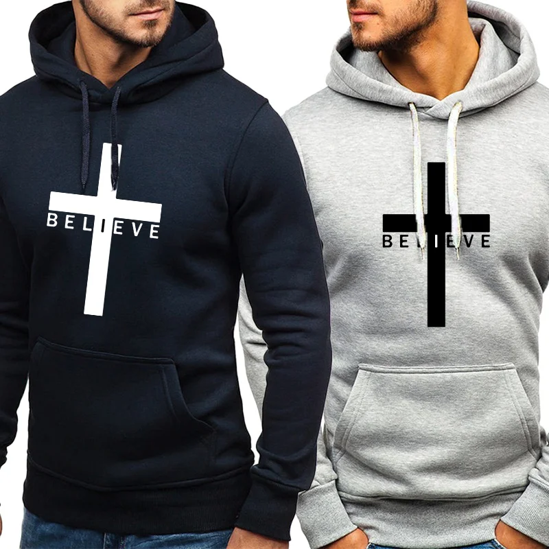 

Men Hoodies Autumn Winter I Believe Jesus Cross Style Printed Hoodies Man Casual Sport Hooded Tops Streetwears for Male