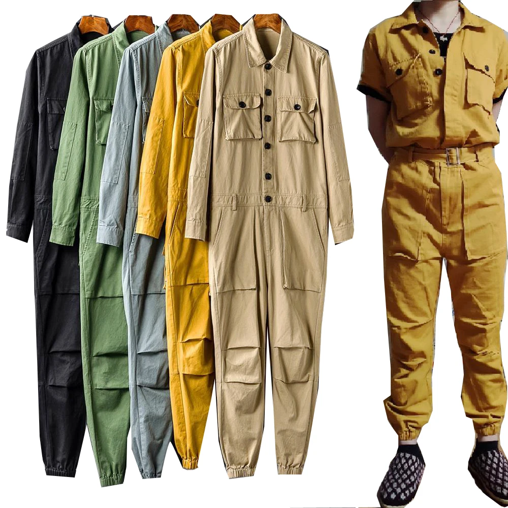 

Men's Jumpsuit Long Sleeve Lapel Beam Feet Cotton Overalls Hip Hop Streetwear Loose Cargo Pants Green Black Freight Trousers 5XL