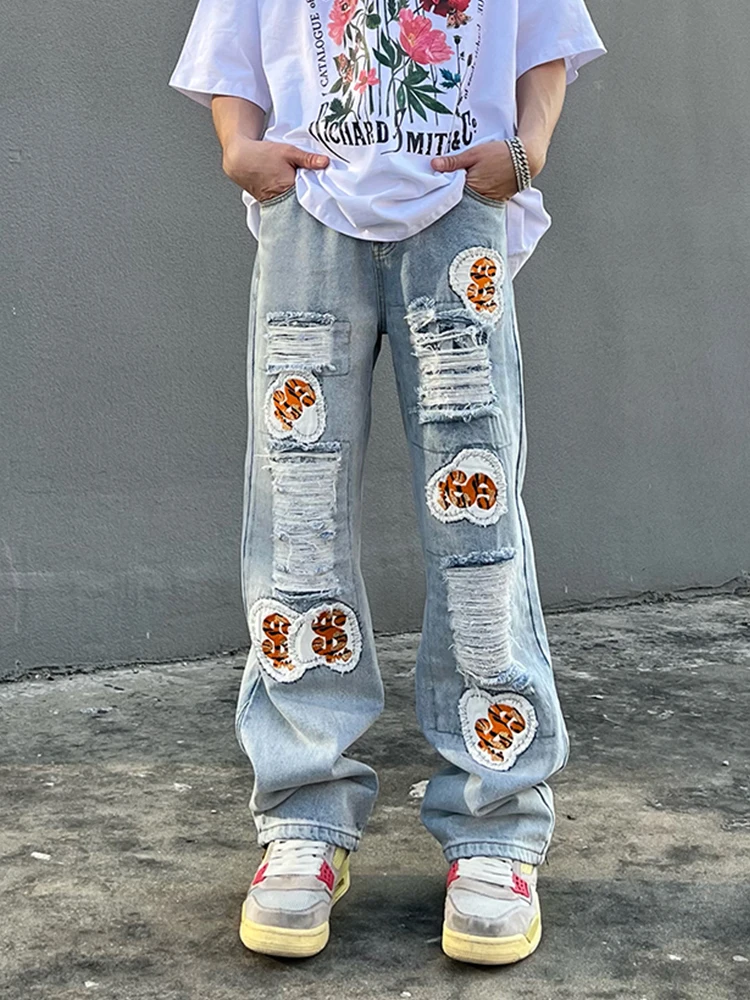 Men's Jeans Y2K Fashion Distressed Holes Patched  Loose Denim Casual Pants Streetwear Hombre Ripped Straight Baggy Jeans For Men