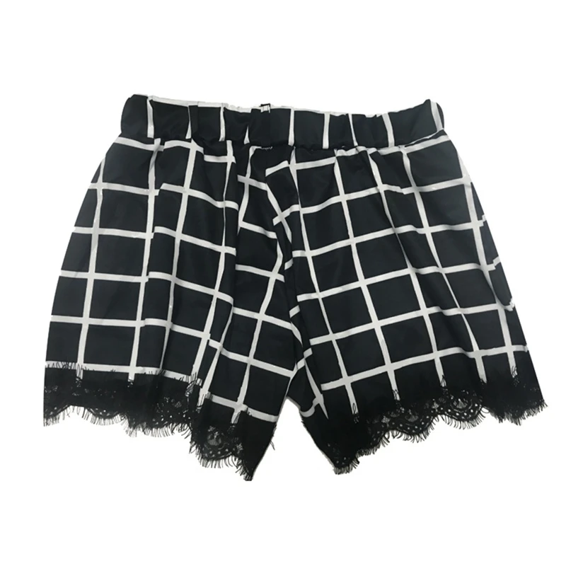 

New style Women Punk High Waist Spider Plaid Print Eyelash Lace Trim Wide Leg Shorts Skirt