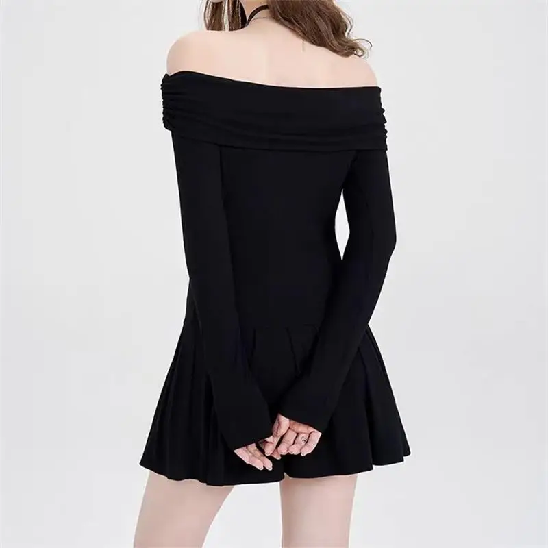 Осеннее сексуальное мини-платье с открытыми плечами для женщин черное