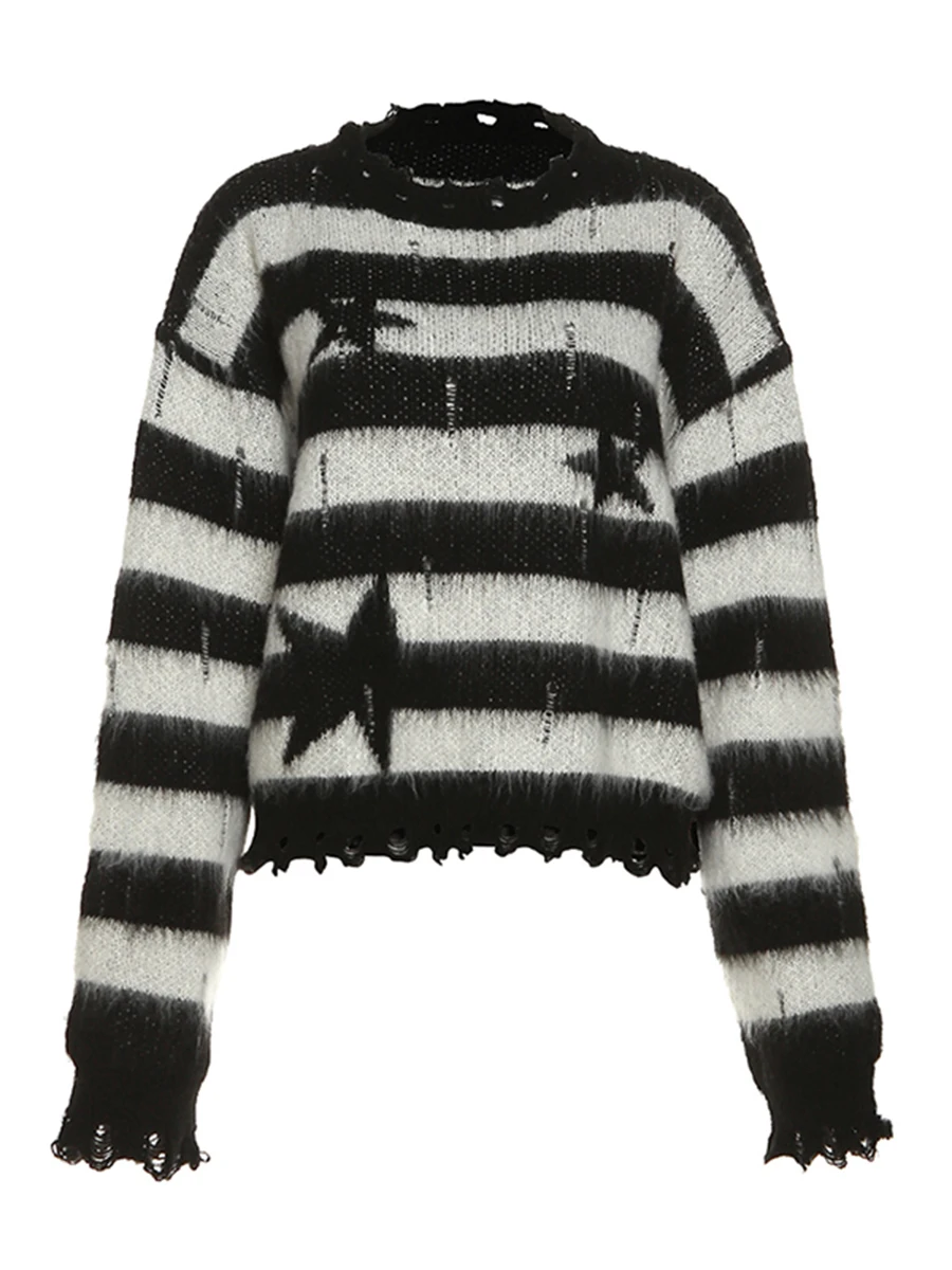 

Женский трикотажный полосатый свитер с длинным рукавом и круглым вырезом