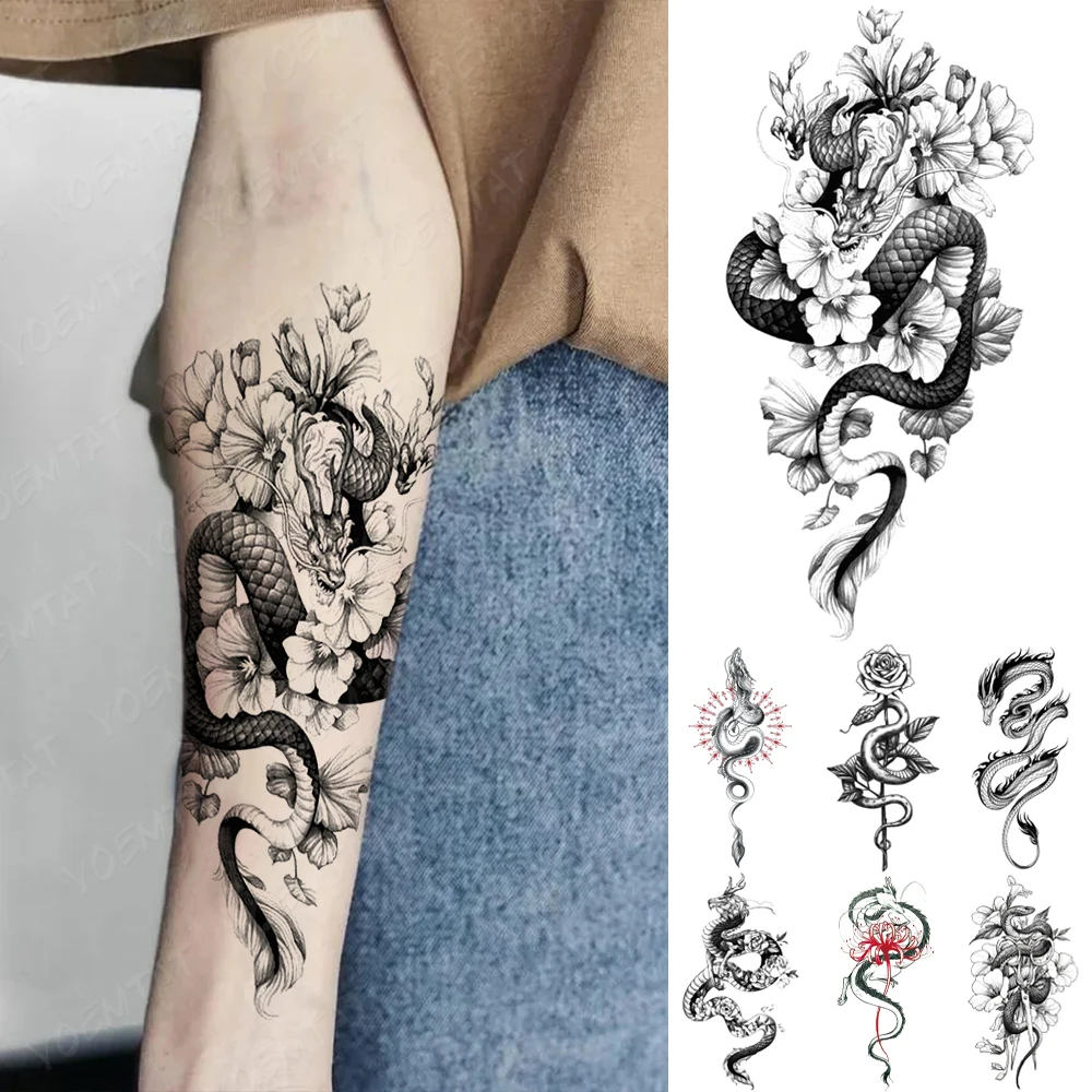 Водостойкая Временная тату-наклейка Черный летающий дракон змея пион роза