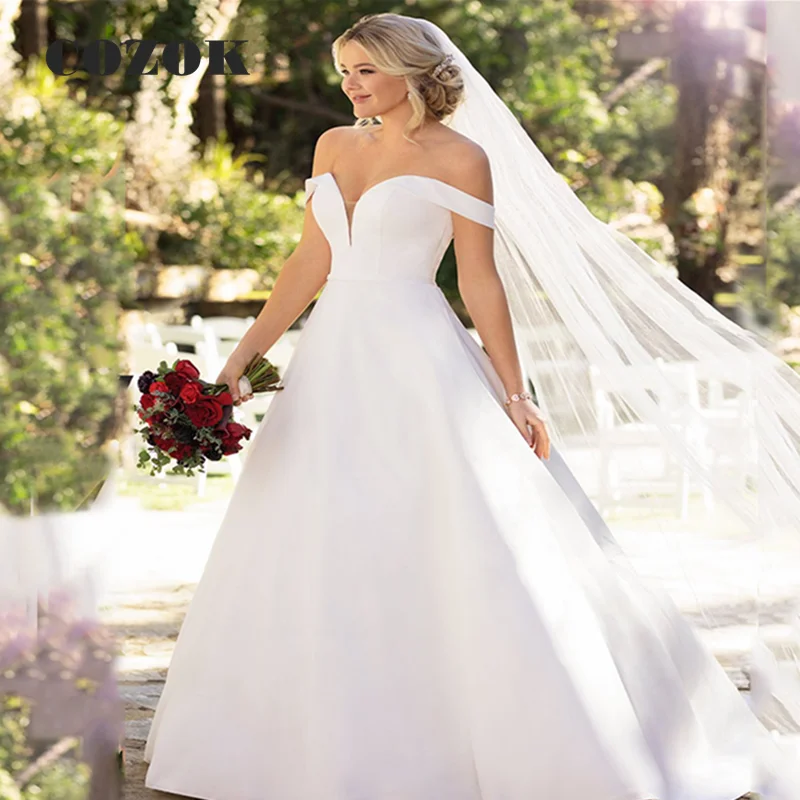 

White A Line Off the Shoulder Wedding Dresses V Neck Satin Long Elegant Simple Bridal Gowns Robe De Mariée Custom Size LK0021