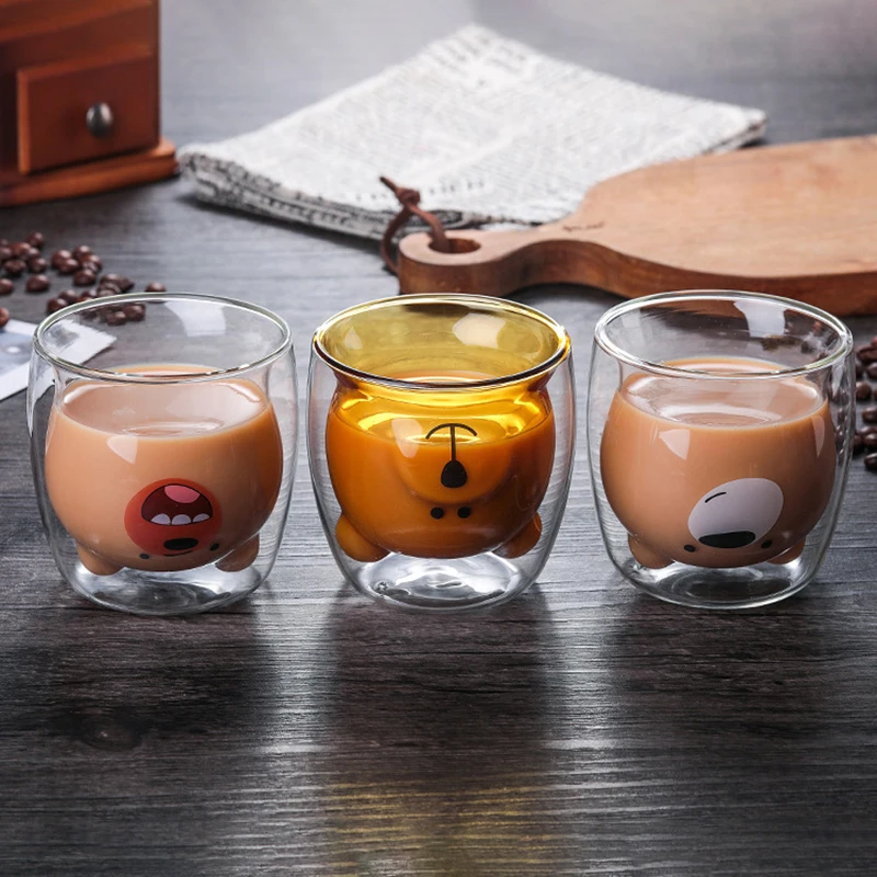 

Double Wall Glass Transparent Coffee Cup Set Cute Bear Mug Anti-scald Milk Tea Cup Heat Insulation Kawaii Glasses for Water New
