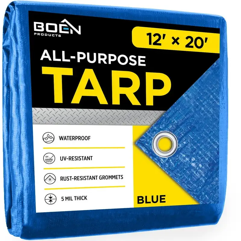 

12' x 20' Blue Poly Tarp Cover Heavy Duty 5 Mil Thick Weave Material, Waterproof, Great for Tarpaulin Tent, Boat, RV or Pool Co
