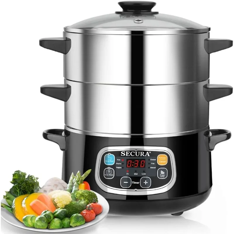 

Electric Food Steamer, Vegetable Double Tiered Stackable Baskets with Timer 1200W Fast Heating Stainless Steel Digital Steamer