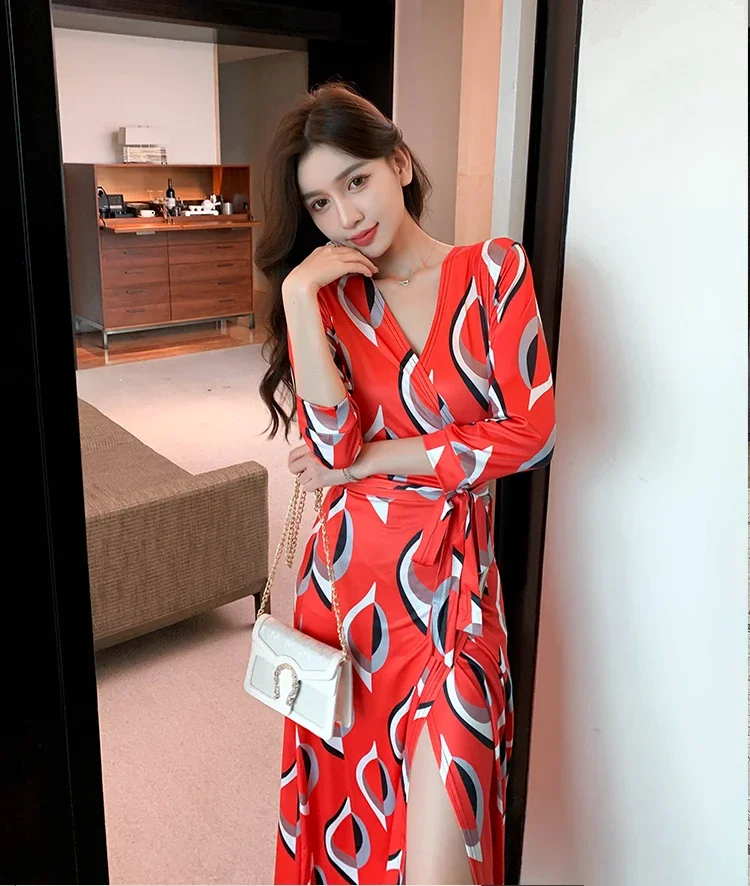 Женское летнее платье шикарное красное с принтом до пола высокой талией Женские