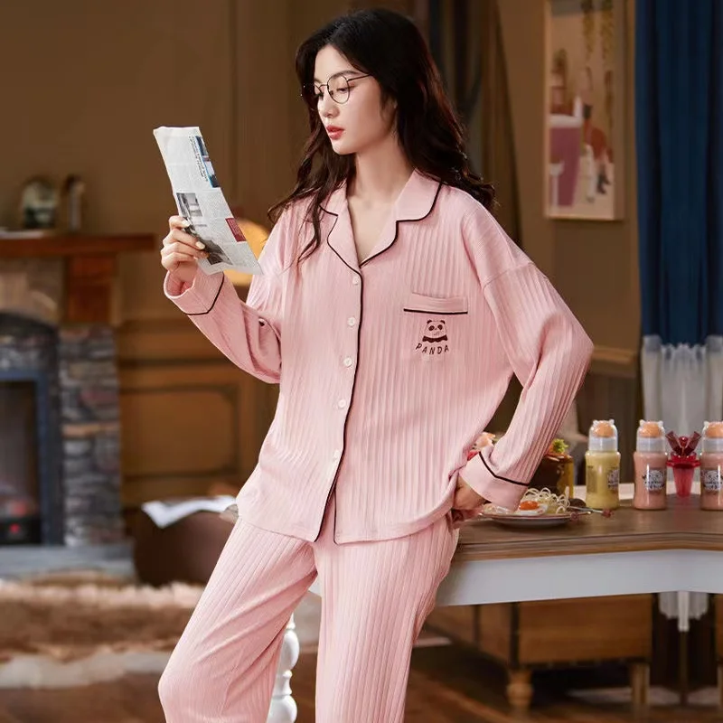 Pyjamas Women Spring 100% Cotton Sleepwear 2022 New Turn-Down Collar Home Clothes 2 Pieces /Sets Long Sleeve Trousers Homew