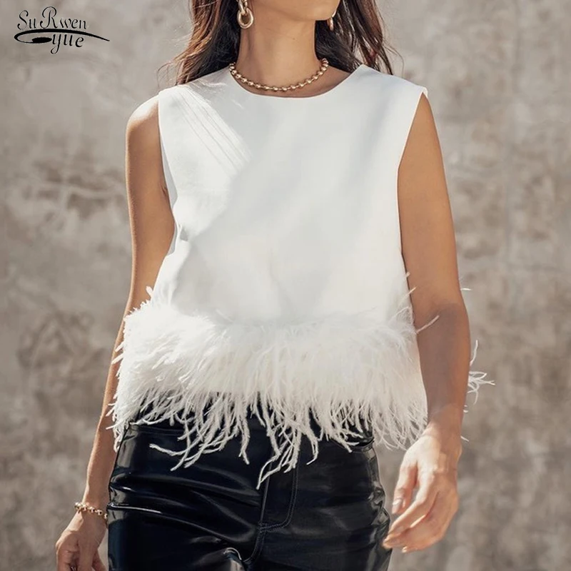 

Fashion Skinny Furry O-neck Sleeveless Blouse Sexy Feather Patchwork Tank Top Tunic 2022 Summer New Party Vest Womens Tops 20650