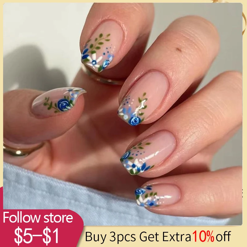 

24pcs Summer Flower Pattern Nail Art Fake Nails Short Full Cover Wearable False Nails Decoration Finished Manicure Tools