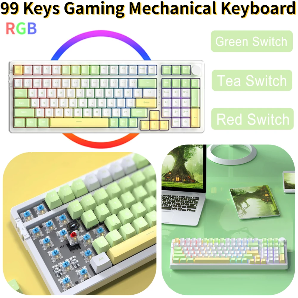 

Механическая игровая клавиатура с 99 клавишами, 3-режимное подключение, RGB подсветка, геймерская клавиатура, компьютерные аксессуары для настольных ПК и ноутбуков