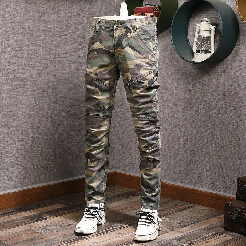 Fashion Streetwear Men Jeans Spliced Designer Stretch Slim Fit Biker Jeans Homme Hip Hop Pants Men Camouflage Military Trousers