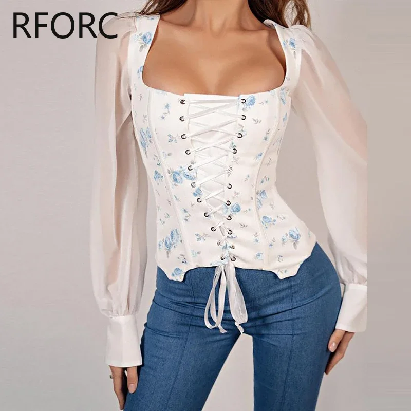 Женская шифоновая блузка с длинным рукавом-фонариком и квадратным вырезом