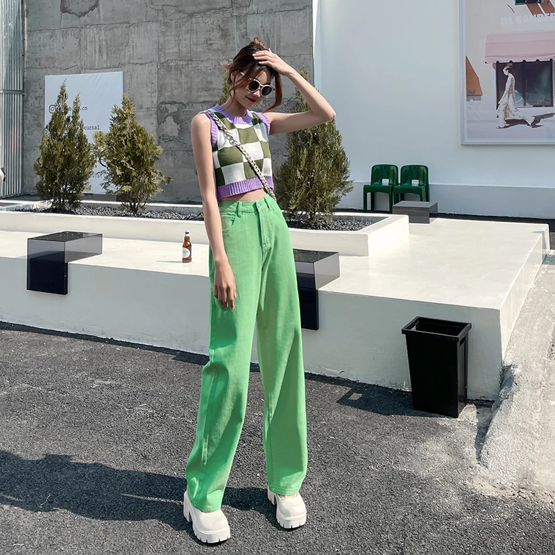 Женские джинсы из хлопка с высокой талией и широкими штанинами джинсовые брюки