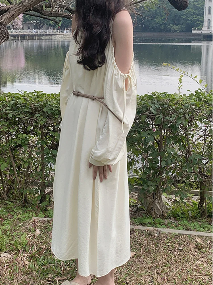 

Женское длинное платье с открытыми плечами, однотонное платье с круглым вырезом и поясом в Корейском стиле для отпуска, Новинка лета 2023