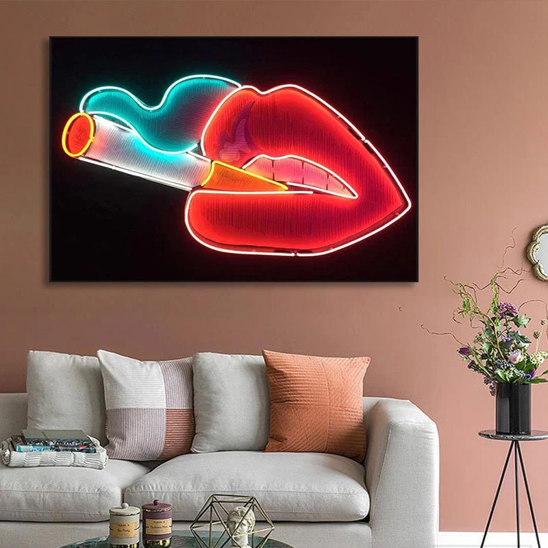 

Neon Art Cigarette Lips Creative Pictures Canvas Painting Abstract Wall Art Posters and Prints for Living Room Home Decor