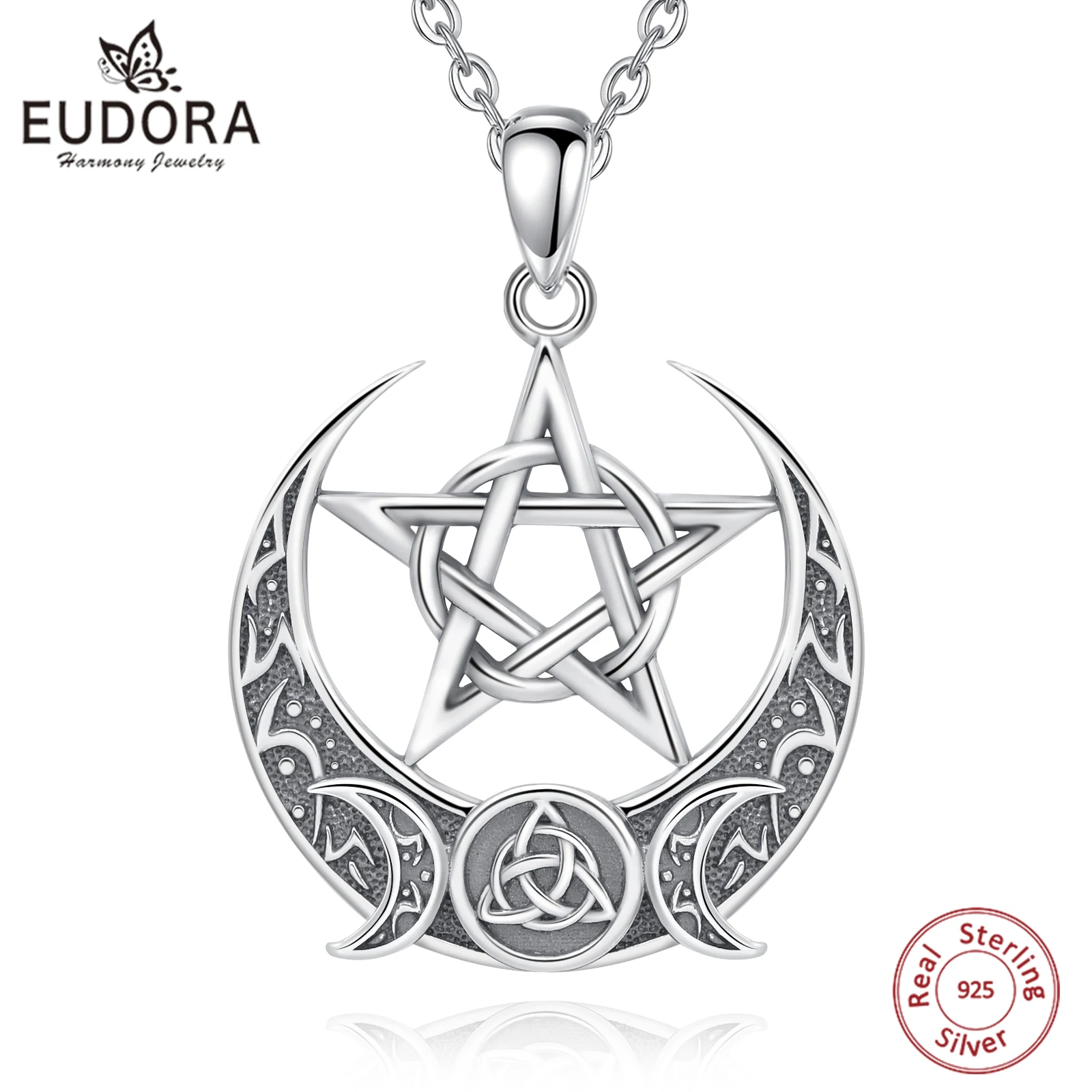 

Eudora 925 Sterling Silver Witch Pentagram Necklace for Man Women Celtic Knot Triple Moon Goddess Witchcraft Pendant Wicca Gift