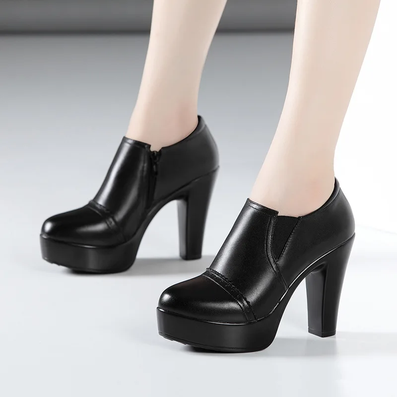 

Small Size 32-43 Black Deep Mouth Block High Heels Shoes with Fur 2023 Women's WinterThick Platform Pumps for Office Model Mom