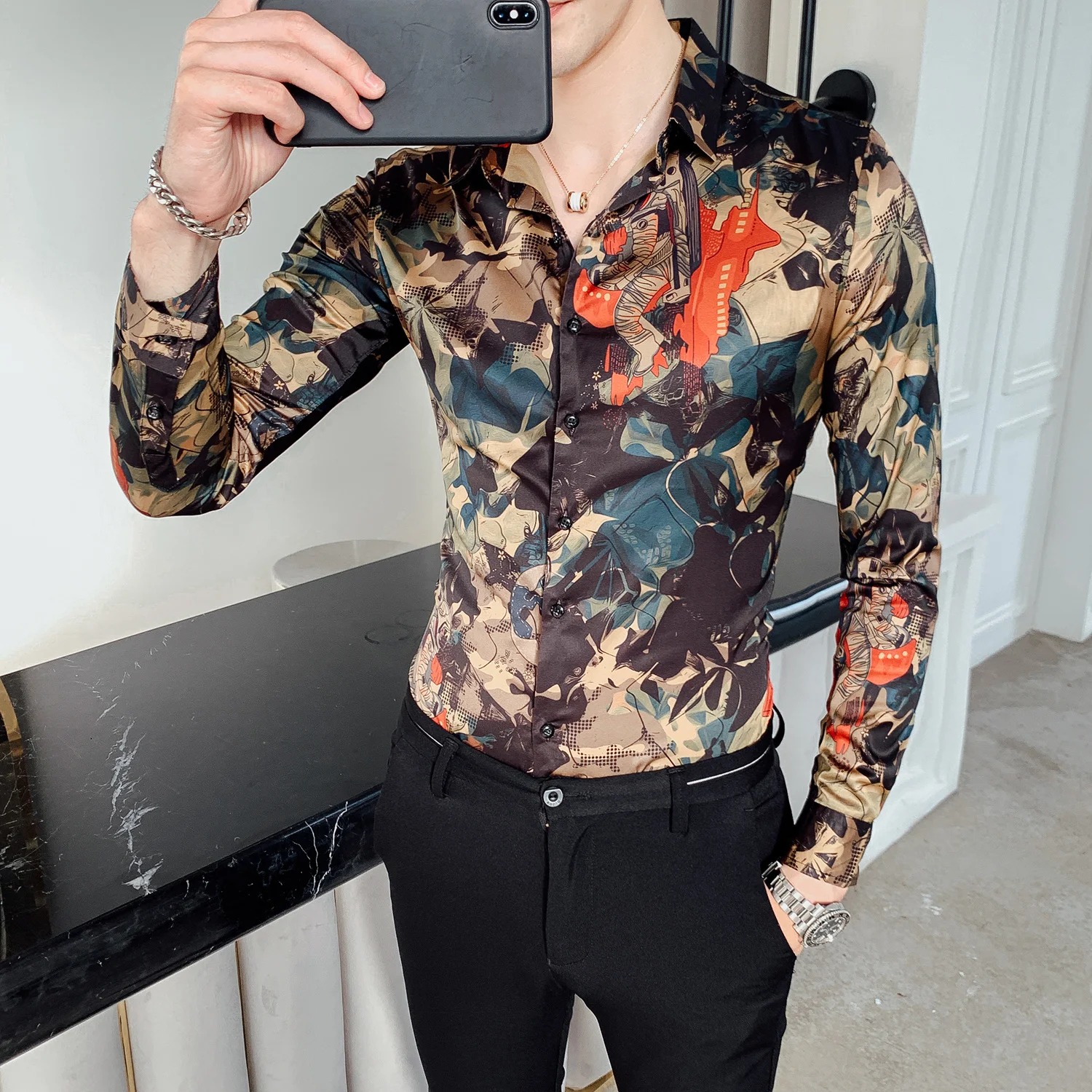 British Style Shirt Men Flower Casual Shirts Slim Fit Dress Fashion 2019 Autumn Long Sleeve Digital Print | Мужская одежда