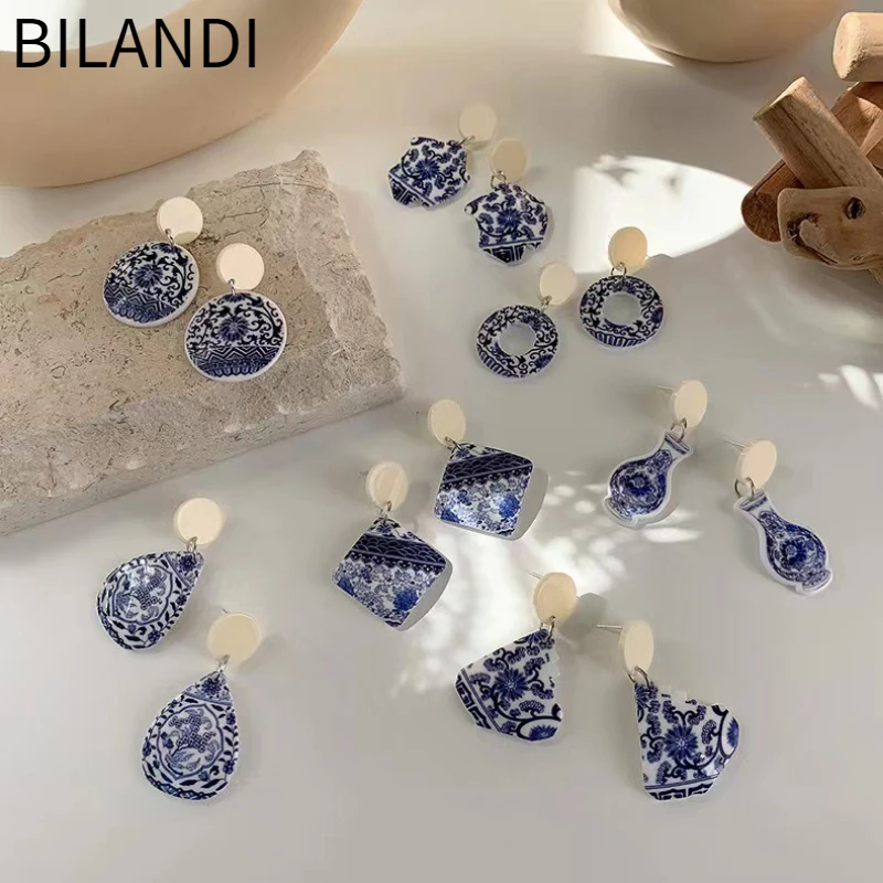 

Bilandi Chinese Trend Blue China Pattern Acrylic Earrings For Women Girl Popular Vintage Temperament Ear Accessories Party Gift