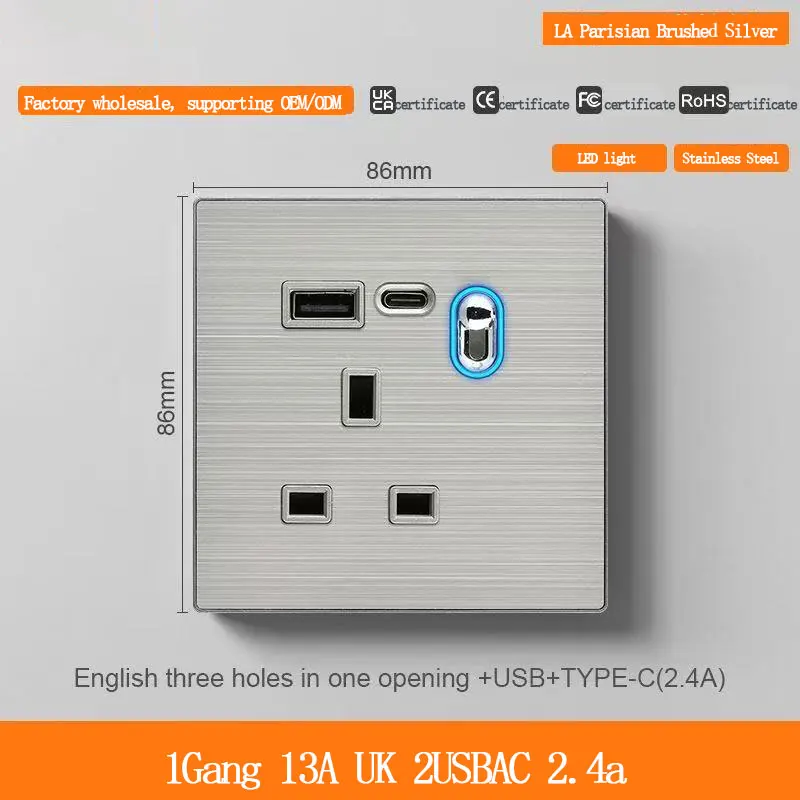 Фото Британская розетка на три контакта с 2 портами USB Type-C (2.4A) для зарядки, из нержавеющей стали, серебристая, 13А №1