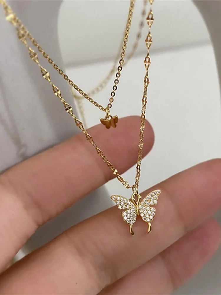 Luxury Necklace for Women Butterfly Necklace Shiny Double Chain Clavicle Pendant Anniversary Gift Jewelry Necklaces for Women