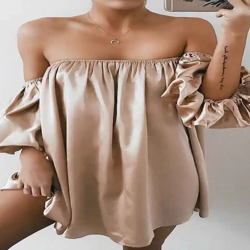 

Women Slash Neck Mini Dress Summer Casual Loose Short Evening Party Strapless Off Shoulder Dress