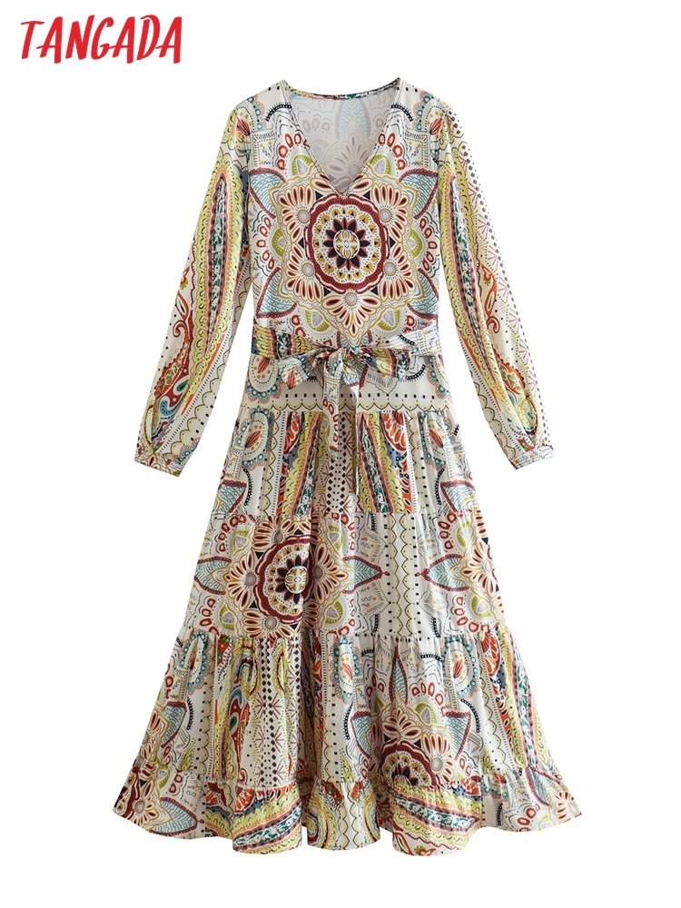 

Платье женское длинное офисное с принтом пейсли и v-образным вырезом