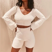 womens shorts set plush neck knitted sexy 2 piece sets womens outfit long sleeve crop top and shorts suit autumn two piece set