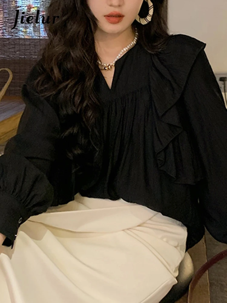 Jielur летний белый рукав фонаря женщины блузки французский стиль Ruffles Solid Color