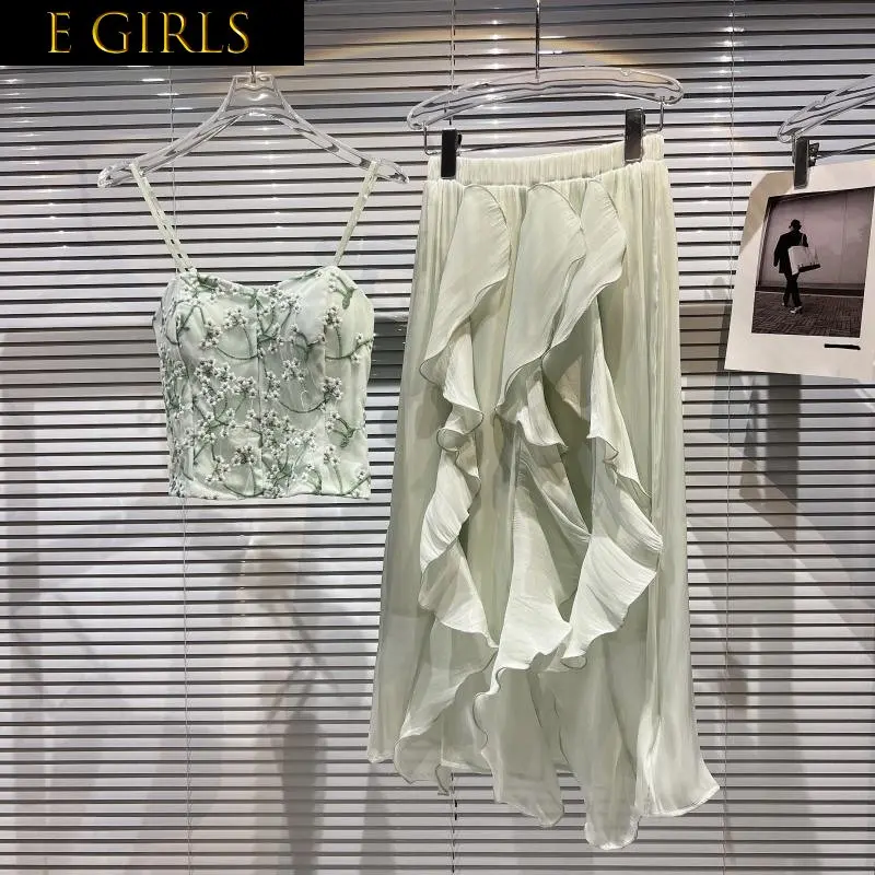 J GIRLS 2022 Summer New Arrival Sleeveless Embrodery Camisole Elastic Waist Ruffles Long Pleated Skirt Two Piece Set GE736