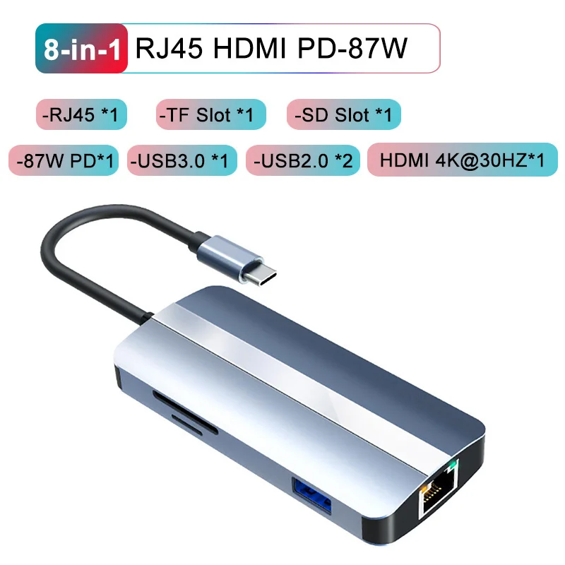 

USB C HUB Type C to HDMI-compatible RJ45 VGA SD Reader PD 100W 4k 60Hz USB 3.0 HUB For MacBook Pro Dock Station Splitter Genuine