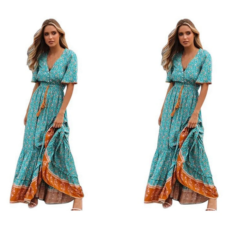 

2 Pcs Retro Maxi Dress Women Summer Short Sleeve V Neck High Waist Dress Floral Print Lake Blue L & XL
