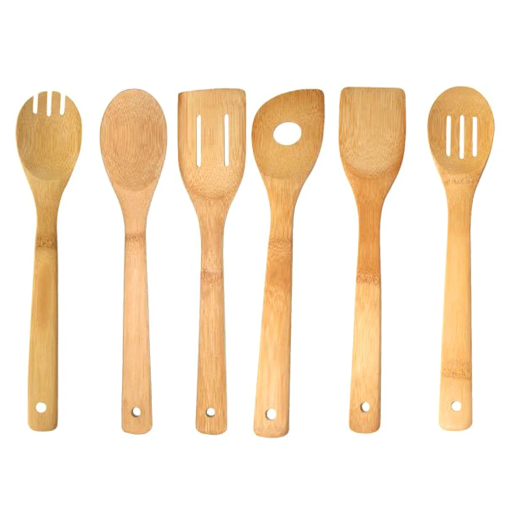 6pcs Multifunctional Bamboo Spatula Set Spoon Home Kitchen Hanging Hole Soup Salad Cooking Utensil Restaurant Durable Easy Clean