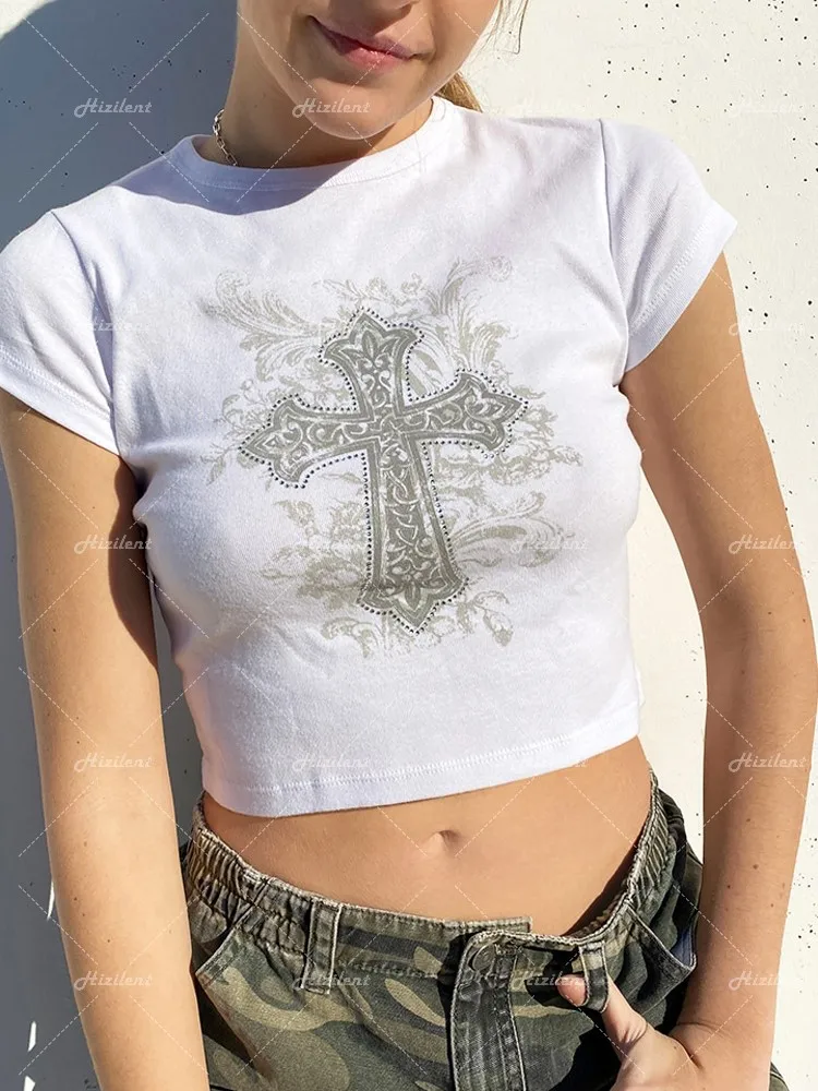 Женская футболка с графическим принтом Y2K Винтажная летняя облегающая в стиле