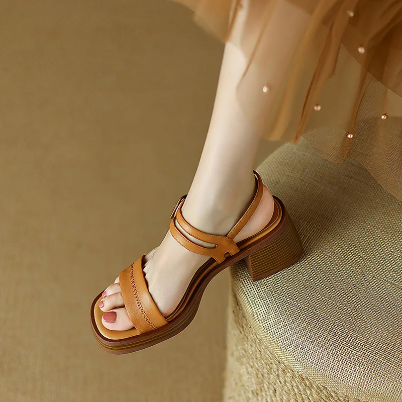 

Босоножки женские из мягкой кожи, сандалии на толстой подошве, с открытым носком, однослойные, в стиле ретро, обувь на высоком каблуке, лето