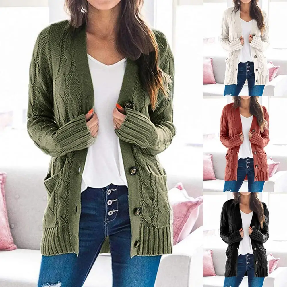 

Coat Outwear Autumn Knitted Cardigan Pockets Open Front Sweater Women Button Coat