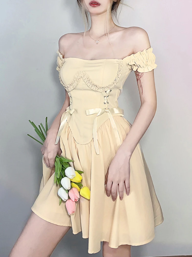 

Summer Apricot Dresses Women Clothes One Shoulder Tube Top A-line Skirt Bow Tie High Waist Bodycon Dress New Fashion Teen Girls