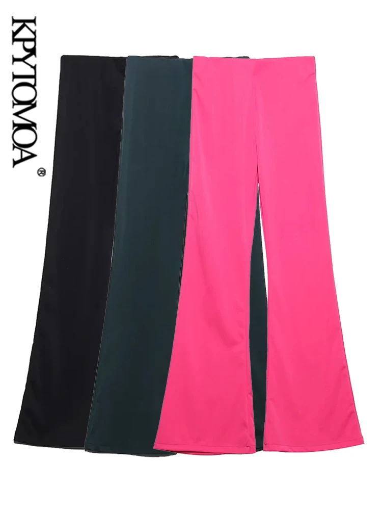 

KPYTOMOA Women Fashion Basic Flowing Flare Pants Vintage High Waist With Elastic Waistband Female Trousers Mujer