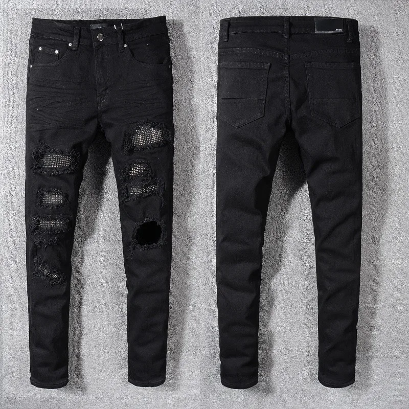 

Luxury Brand New Black Ripped Jeans Men's Patch Stretch Slim Fit High Street Jeans Men Designer Jeans for Men Black Jeans Men