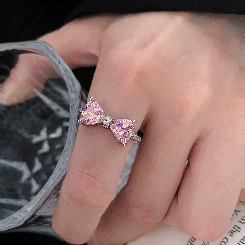 

VENTFILLE Silver Color Pink Zircon Ring For Women Girl Birthday Gift Irregular Bowknot Sweet Jewelry Dropshipping Wholesale