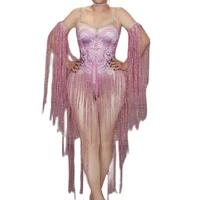pink fringes camisole bodysuit pattern printing bodycon nightclub costumes stage wear lady personality performance costume