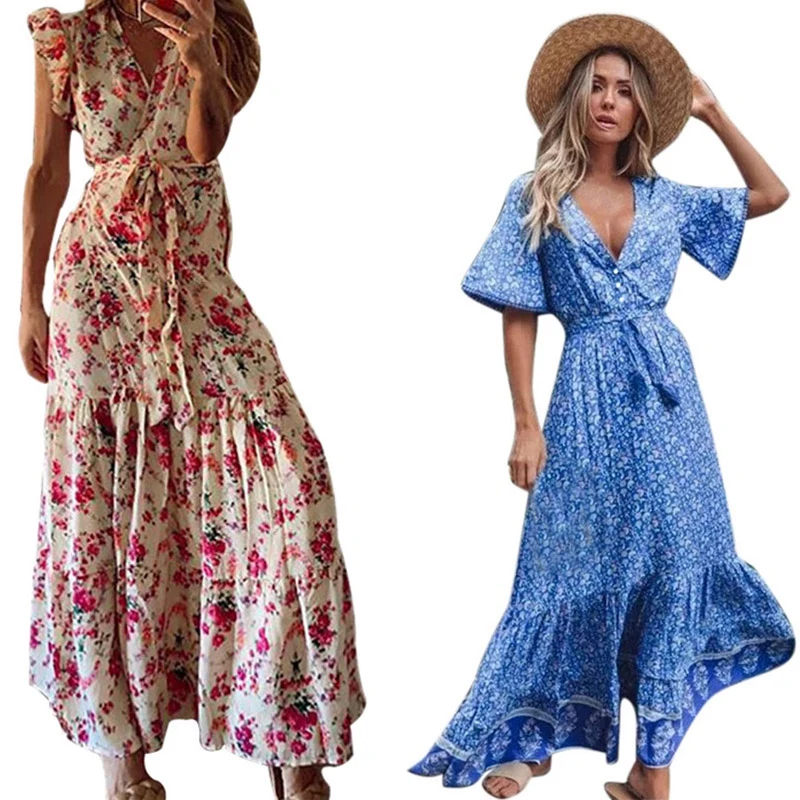 

1 Pcs Floral Print Long Maxi Dress Red & 1 Pcs Short Sleeve V Neck High Waist Dress Royal Blue
