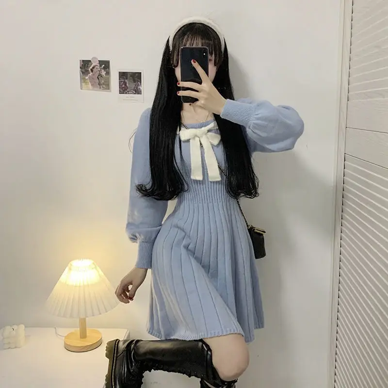 

WDMSNA Puff Sleeve Knitted Dresses for Women College Style Autumn Sweater Robe Temperament Square Collar Slim Vestidos De Mujer