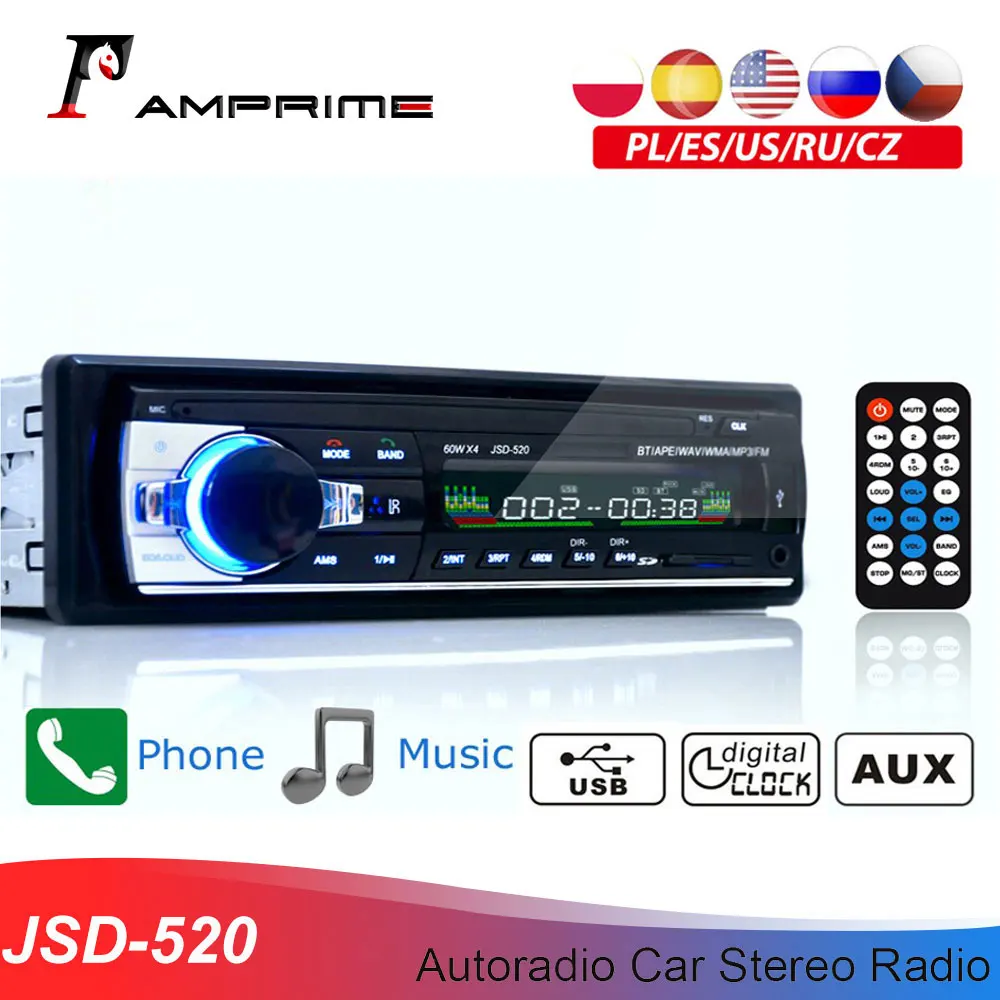 

AMPrime Bluetooth Autoradio Car Stereo Radio FM Aux Input Receiver SD USB JSD-520 12V In-dash 1 din Car MP3 Multimedia Player