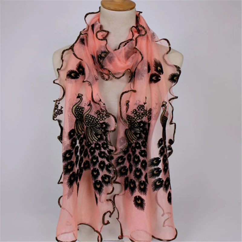 New Design Women Chiffon Peacock Feather Flower Embroidered Lace Stylish Scarf Long Soft Wrap Shawl Ladies |