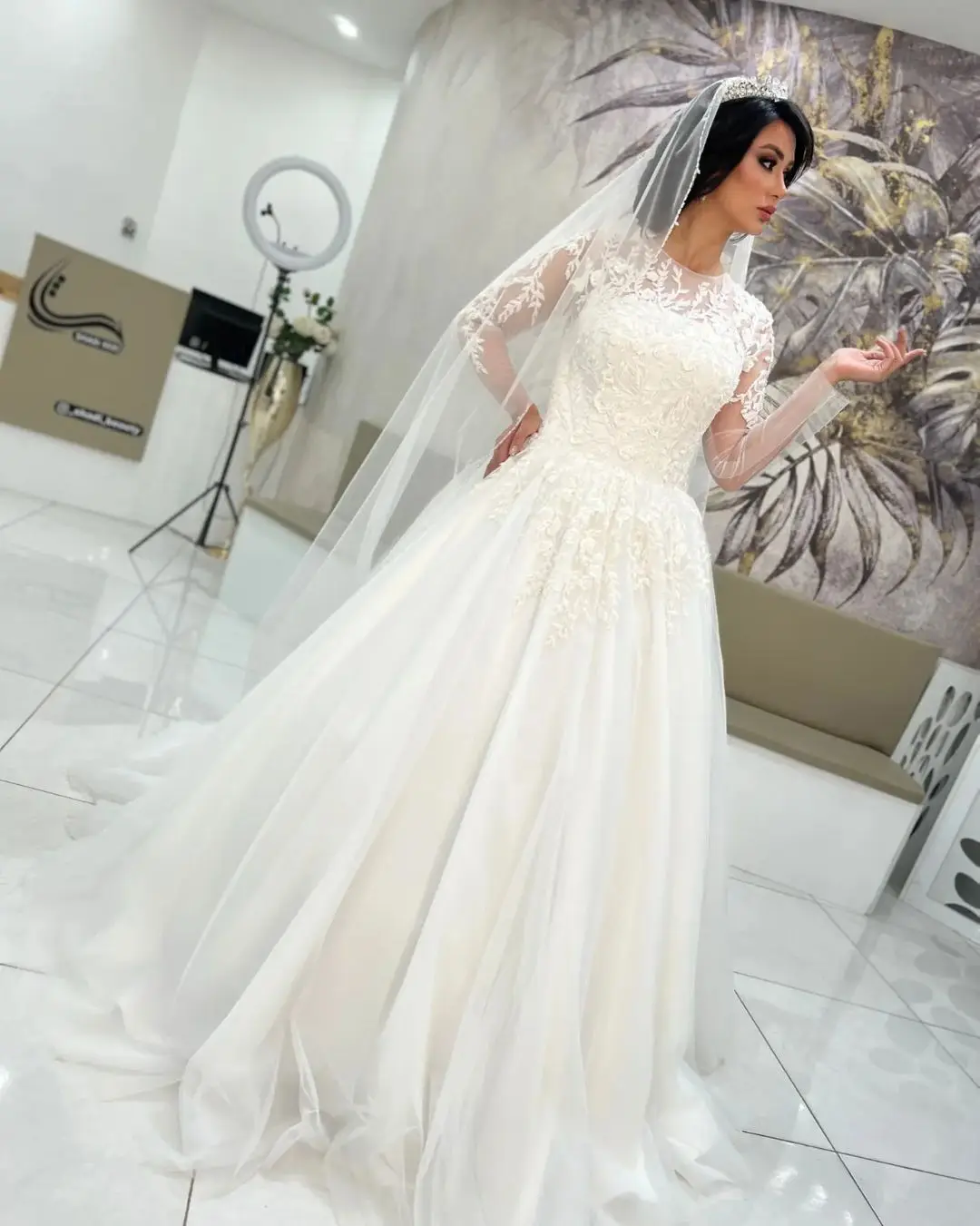 

FDY Store кружевные свадебные платья а-силуэта с длинным рукавом и круглым вырезом, украшенные бисером, по запросу, на заказ, тюлевые Свадебные п...