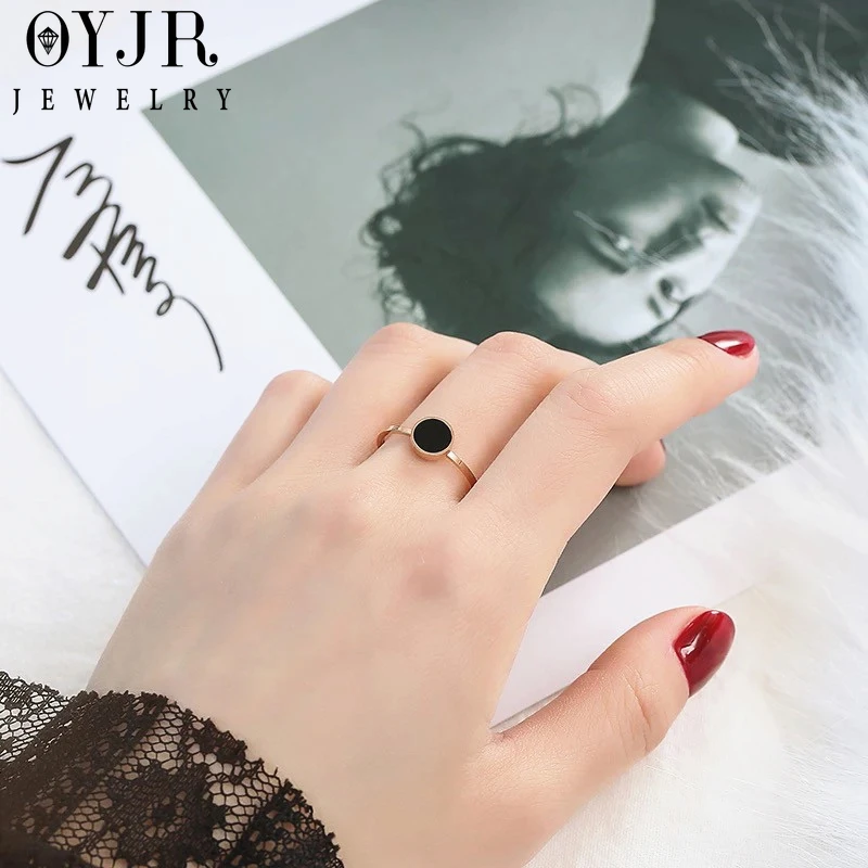 

OYJR Fashion Classic Black Ring Stainless Steel Rings Rose Gold Color for Women Jewelry Party Wedding Accessorie Girls Gifts