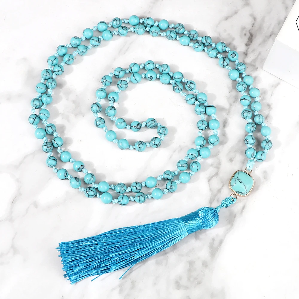 6 мм белый синий натуральный камень кулон с кисточкой ожерелье для женщин и